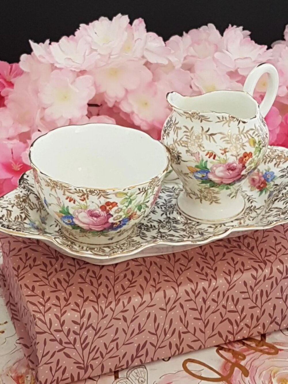 Vtg James Kent Gardens Gold Chintz Cream Sugar Set